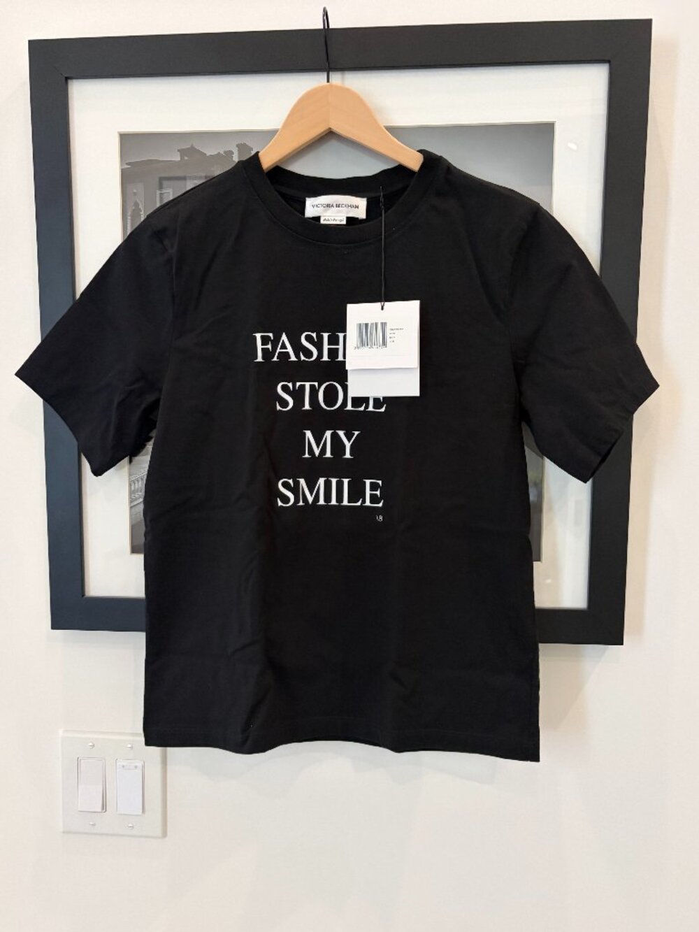 Victoria Beckham “Fashion Stole My Smile” Slogan T‑Shirt Black XS NWT